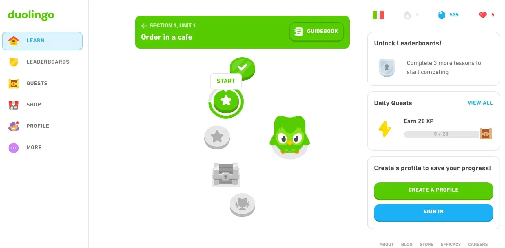 página de inicio del sitio web de revisión de duolingo