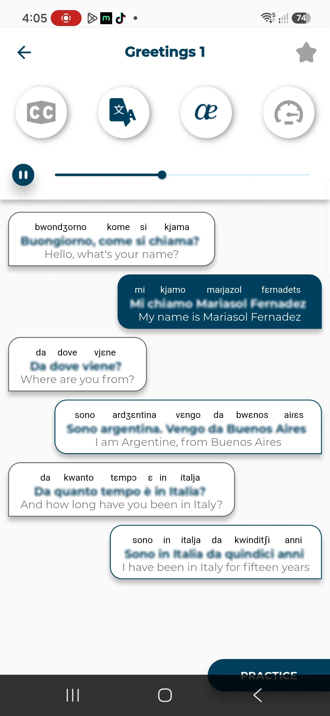 recensione Poro Italian schermata lezione di conversazione